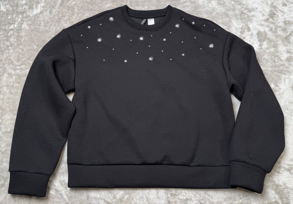 H&M Black Scuba Knit Sweatshirt Silver Applique Bubbles Womens Size M NWOT